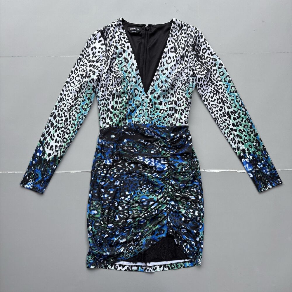 Bebe Woman XS Black Blue Leopard Long Sleeve Ruched Bodycon Dress V-Neck Y2K